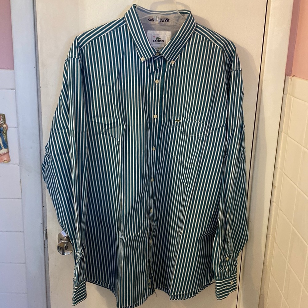 LACOSTE Regular Fit 45 Green White Striped Button-down Shirt NWOT